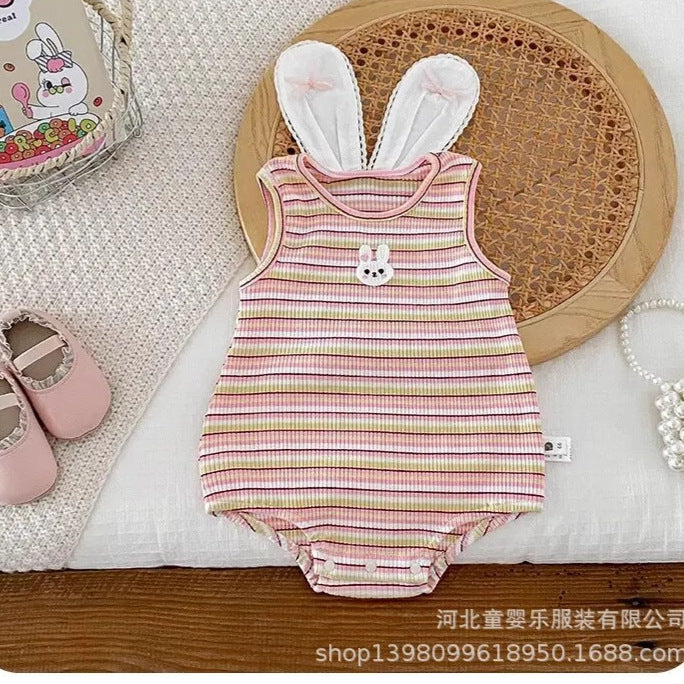 Infant and toddler summer girl's sweet striped romper with bunny ear triangle snap crotch bodysuit