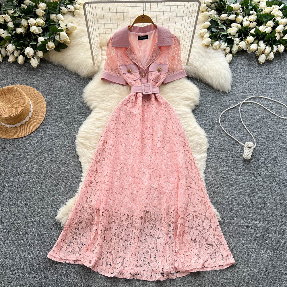 Luxury french style high-end short-sleeve dress - women's summer blazer collar lace mesh belted maxi dress