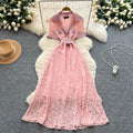 Luxury french style high-end short-sleeve dress - women's summer blazer collar lace mesh belted maxi dress