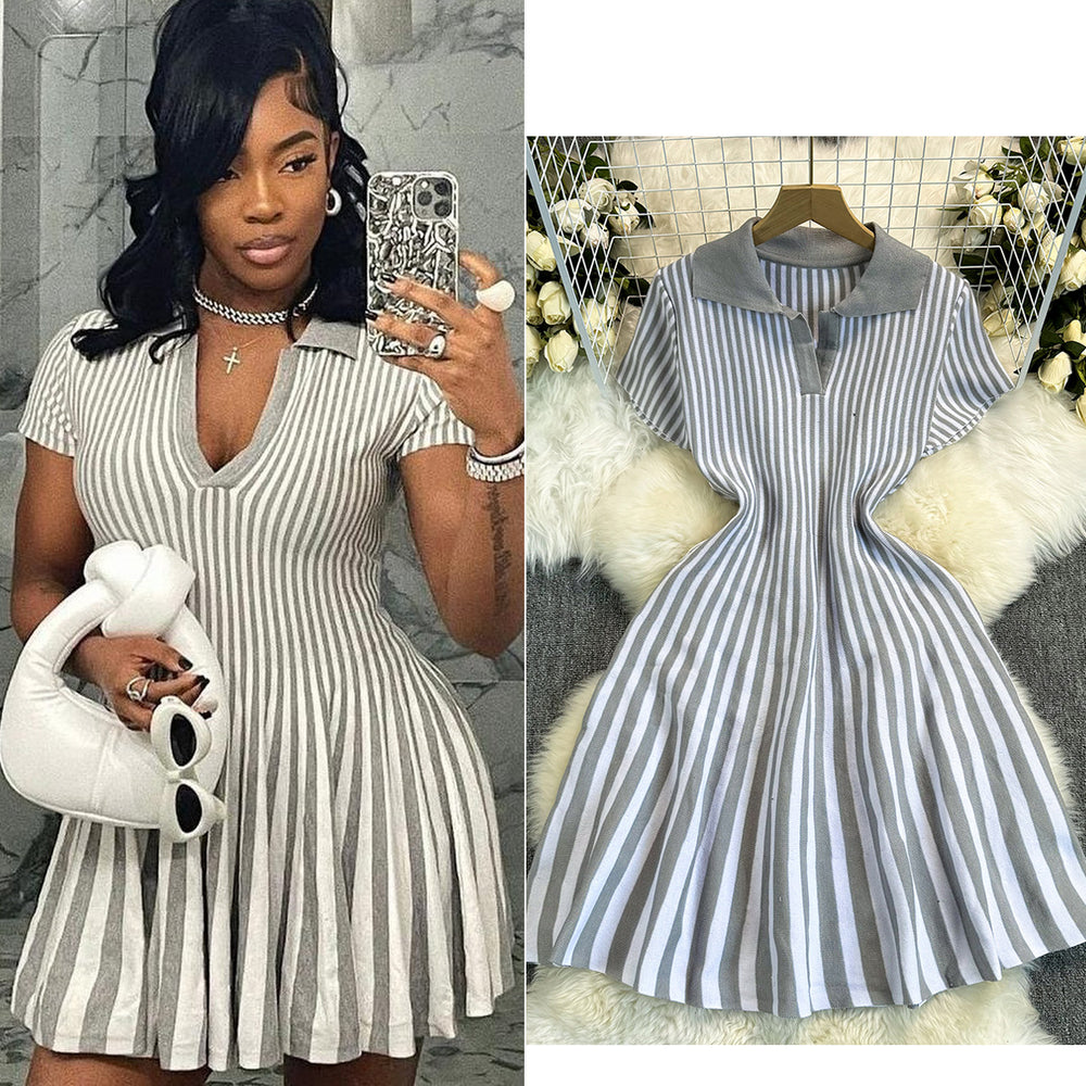 Exportfrenchcontrast colorretro lapel short sleeve stripesknittingdress women's waist elegantslimming looka-line skirt
