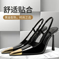Metal small square toe sexy back hollow fashion sandals women's black patent leather stiletto iron toe high heels elegantflats
