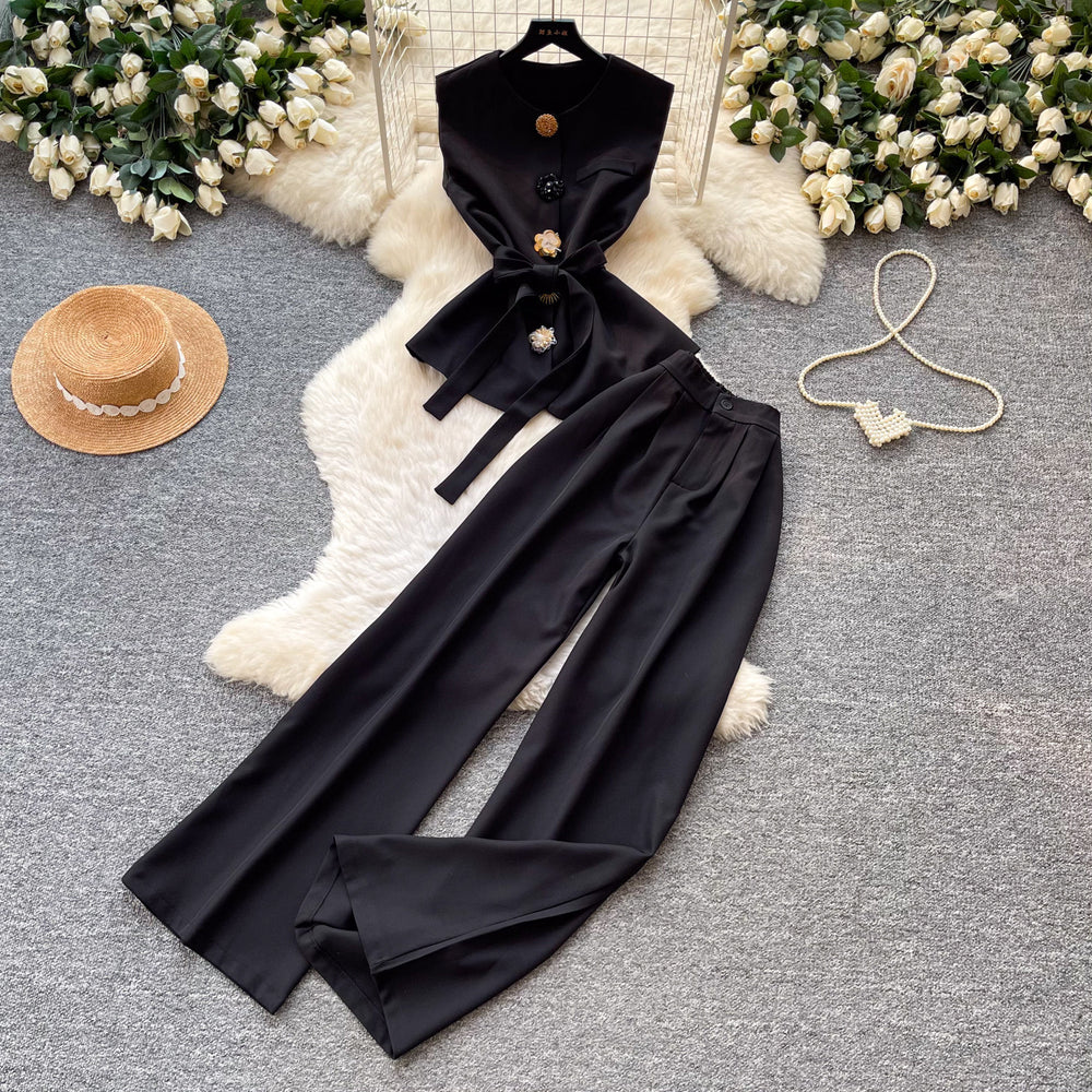Commute style sleeveless two-piece set for women,  summer collection: high-end tie-waist tank top and high-waisted wide-leg pants set