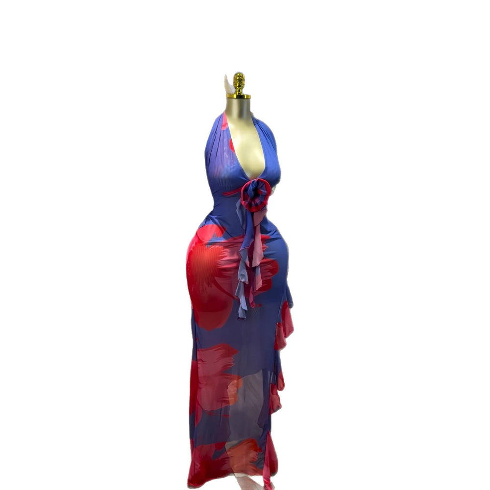 European and american cross-border women's sleeveless halter neck v-neck floral ruffle trim maxi dress - winter/spring  collection