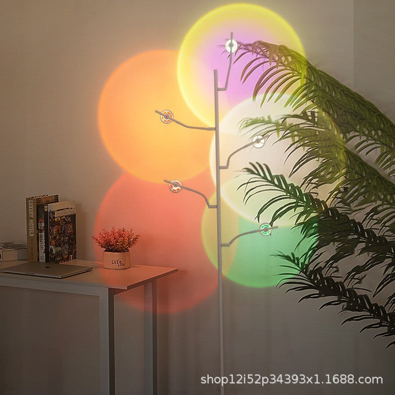 Five-head floor lamp with light and shadow projection - perfect for living room, bedroom, sunset & dawn ambiance, and popular live streaming background lighting