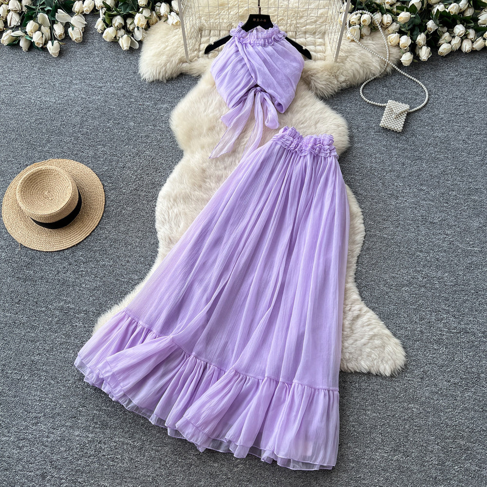Vacation style halter strap vest high waistruffles long skirt two-piece set female summer age reduction slimming lookelegantsuit