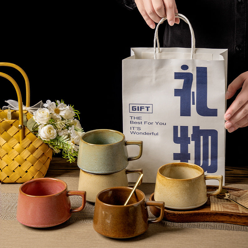 Vintage japanese-style stoneware office afternoon tea milk coffee mug - unique ceramic mug, teacup, wide-belly water cup