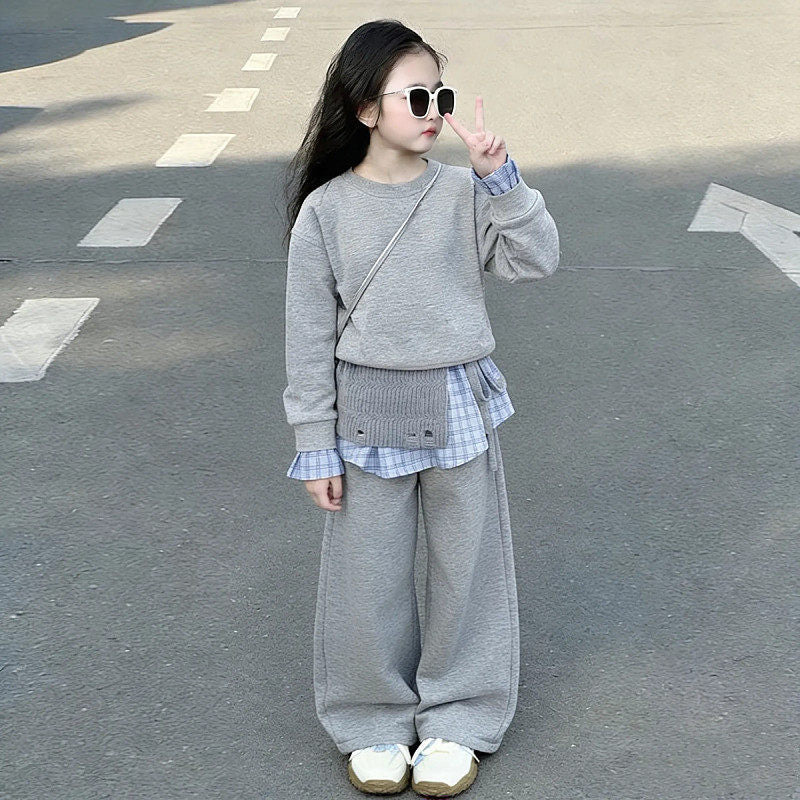 Girls' spring outfit : stylish kids' gray spring/autumn sweatshirt three-piece set, versatile sweatshirt outfit, korean style