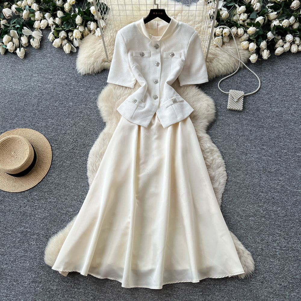 K-stylework clothingred round neck a-line dress women's summer short sleevehigh waistslimming look hepburn styleaccessible luxurysuit skirt