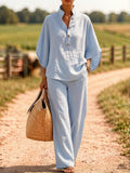 european and american cross-border new spring/summer comfortable casual button-down shirt and wide-leg pants linen two-piece women's set