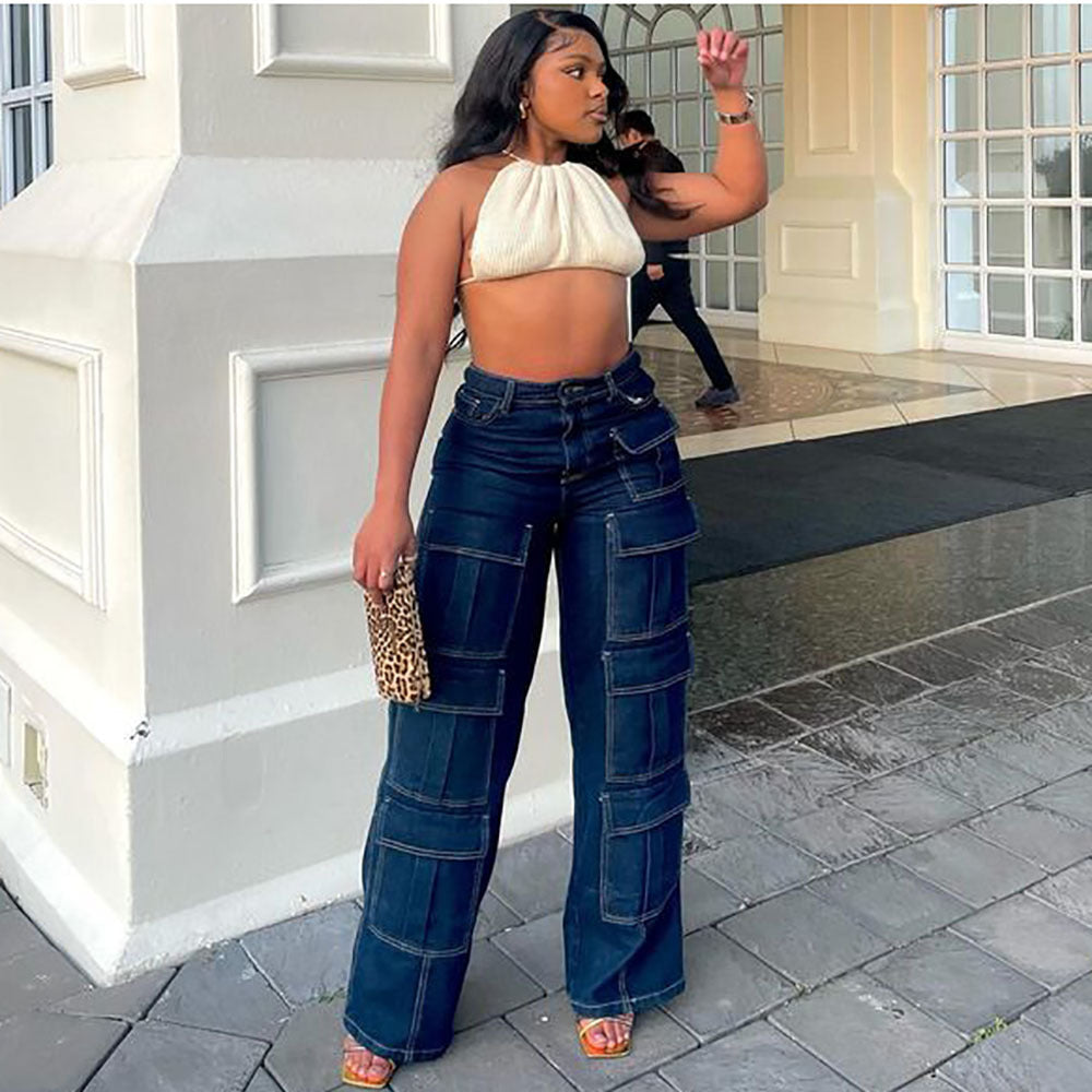 European and american style straight-legjeans  cross-border women's clothing street fashion multi-flap pocket pants exposed seam high waist workwear pants
