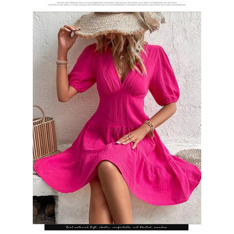 Shipped:  summer new women's slim-fit v-neck bubble sleeve solid color midi dress