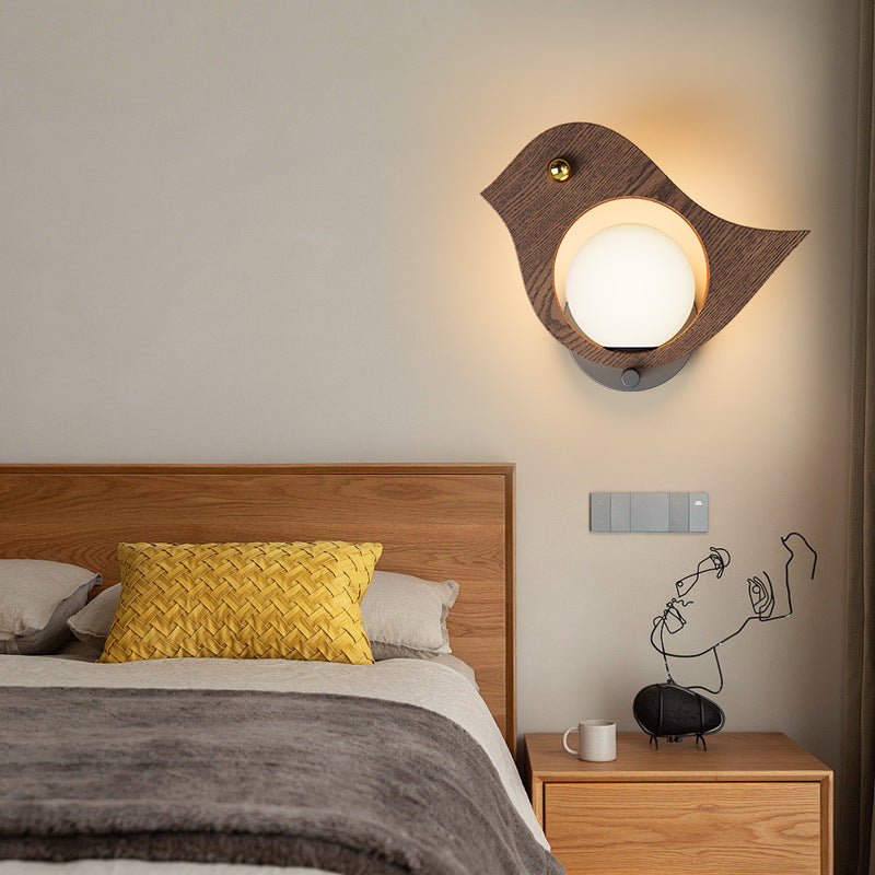 Wall lamp medieval walnut color bird decorative lamp children's room warm wall lamp creative and beautiful bedroom bedside lamp