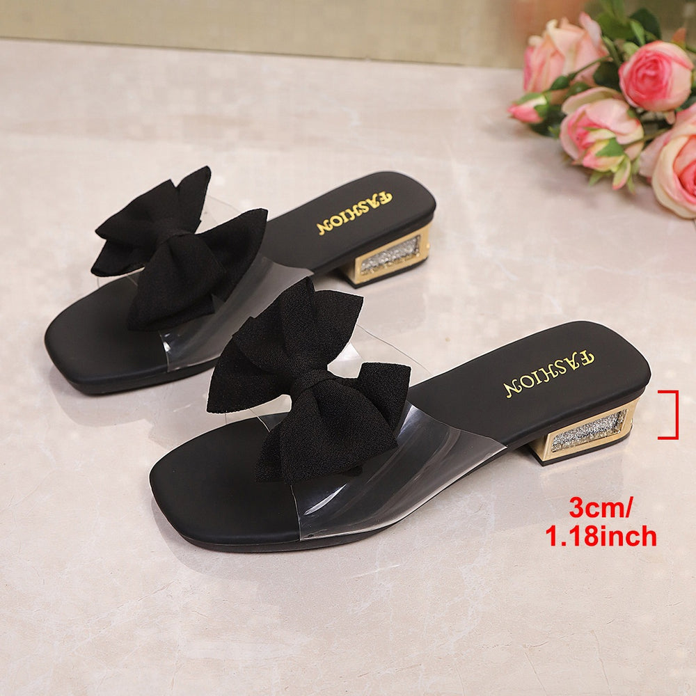 Square toe new arrival sandals and slippers for women with cross bows and metal buckles on thick heels and low export overseas wholesale