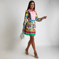 European and american cross-border women's fashion:  autumn hot-selling two-piece set - position print long-sleeve shirt top & elegant pleated skirt