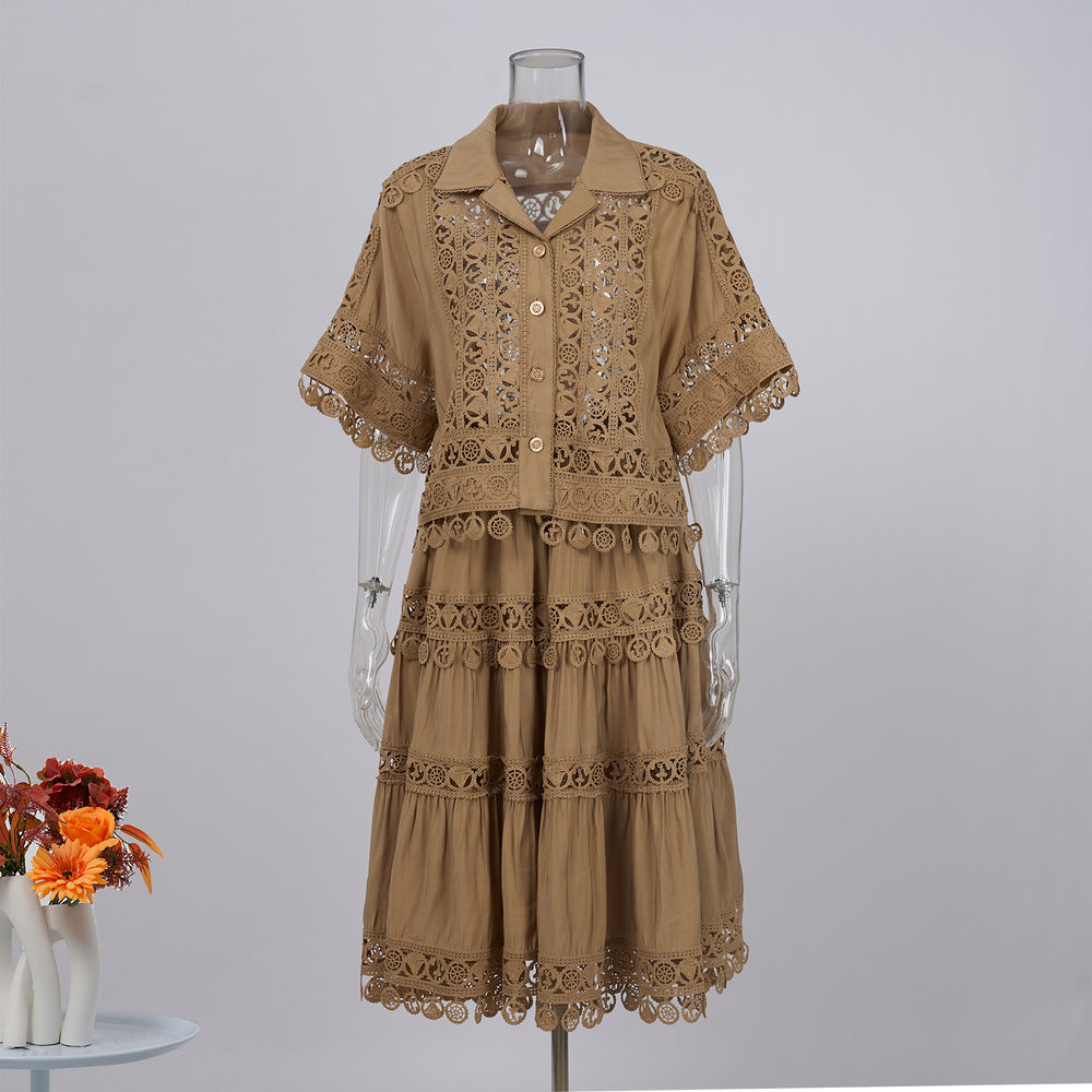 Fashionexportfrench palace style lacecut out crochet shorttopshigh waistlacepatchwork skirtsuit