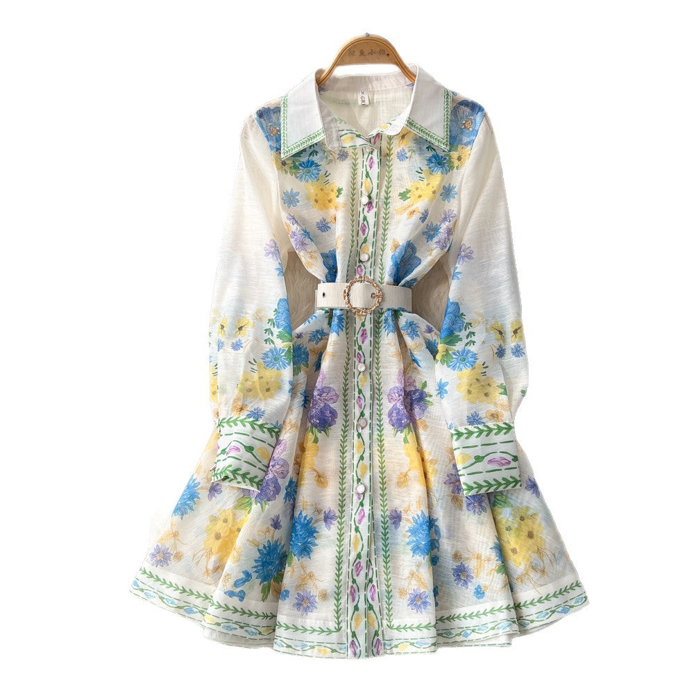 French retro print hollow-out dress - women's spring/summer long sleeve turn-down collar slimming a-line dress - vacation style