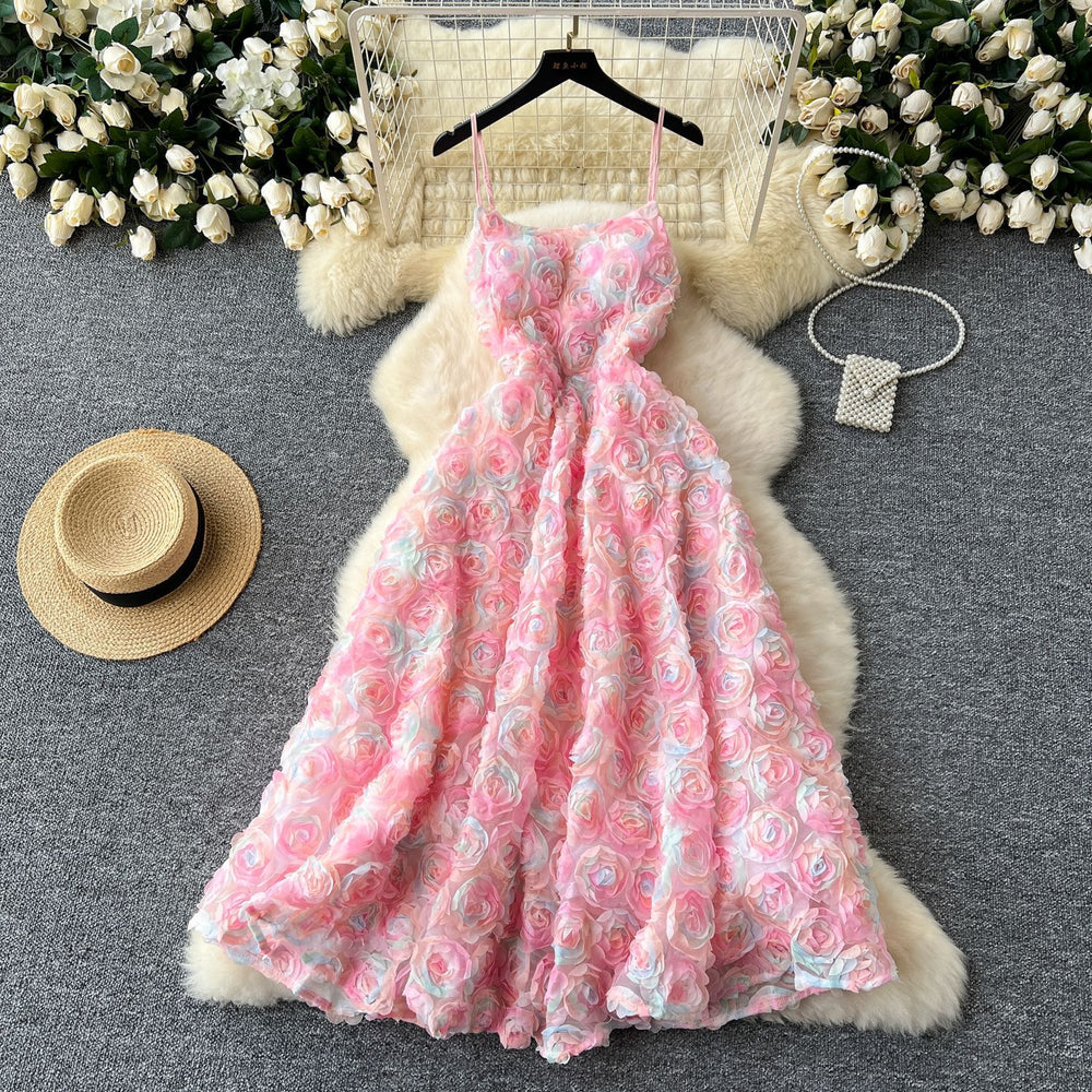 High-end evening gown for women: exquisite rose embellishments, cinched waist, and spaghetti straps - perfect for dinner parties and special occasions