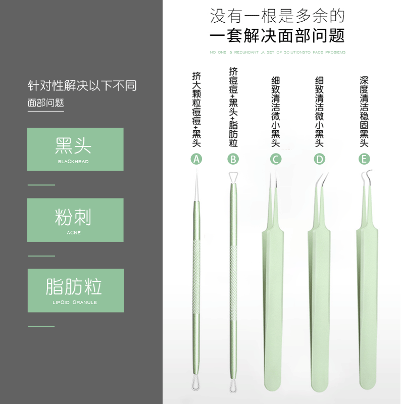Stainless steel blackhead remover kit - 5 piece set for pimple, blackhead, whitehead, and cyst extraction - ready to ship