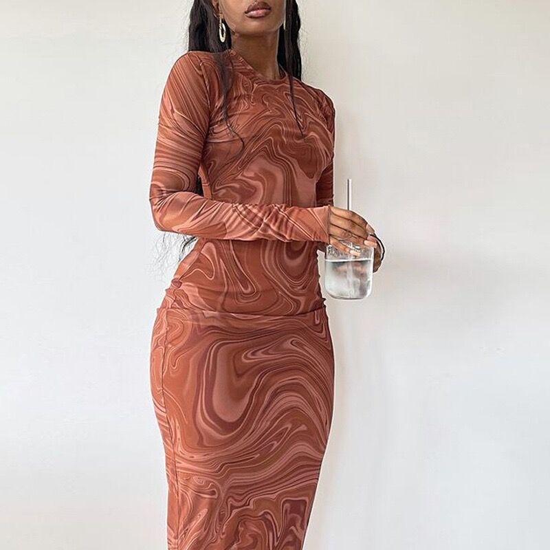 European and american style cross-border women's clothing  autumn new long-sleeved dress printed round neck slim fit midi dress for women