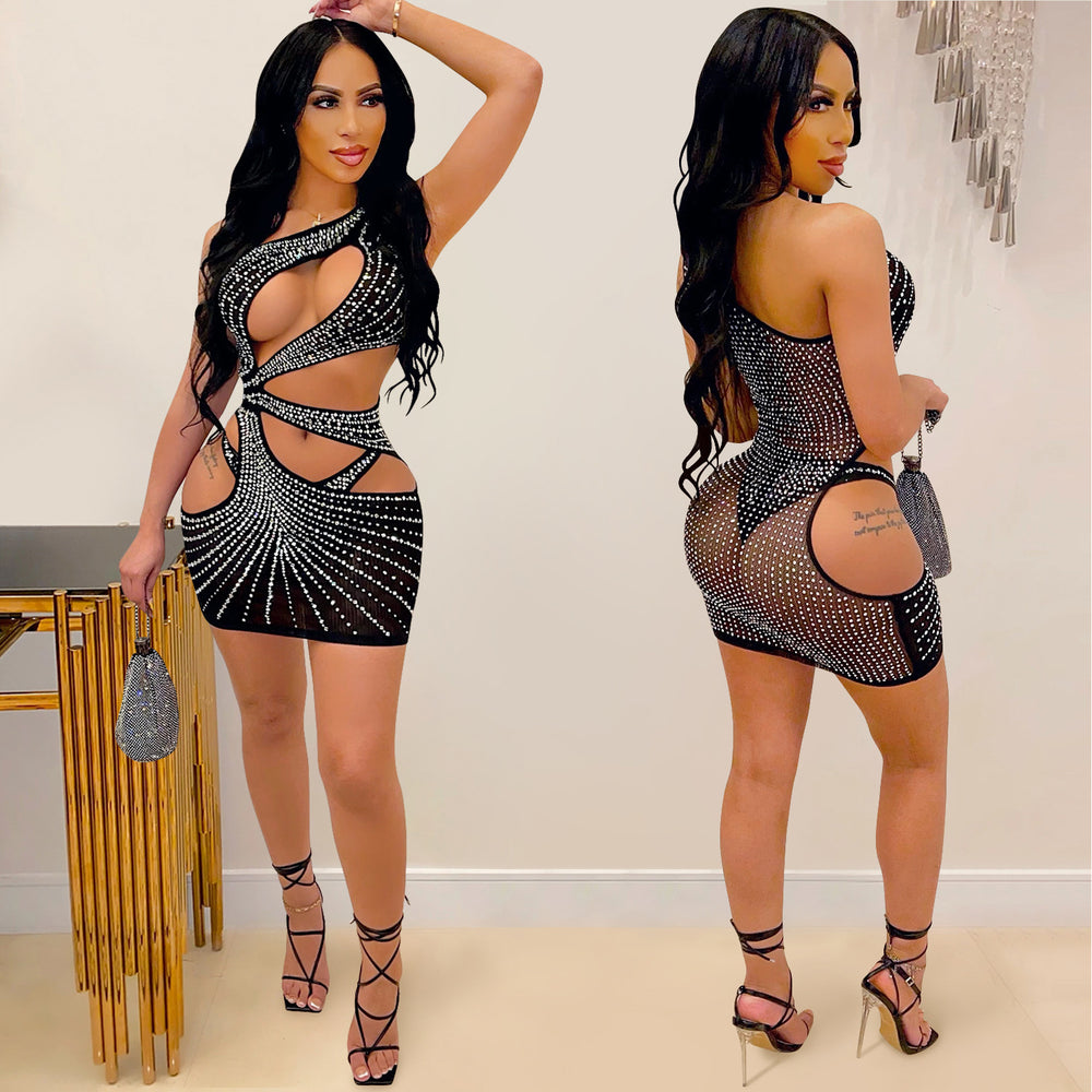 X5283 cross-border fashion new product nightclub sexy solid color women's clothing hot diamond mesh one shoulder cut out short skirt dress
