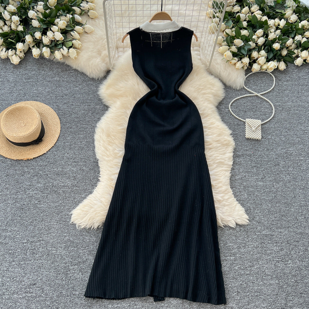 Frenchretrocontrast color lapel single breasted waist slimming lookelegant medium long sleeveless knittingdress women's autum