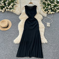 Frenchretrocontrast color lapel single breasted waist slimming lookelegant medium long sleeveless knittingdress women's autum
