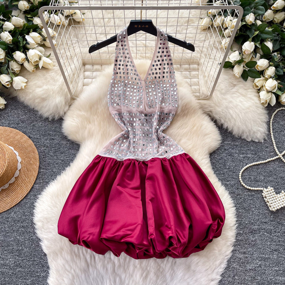 Sexy sweet and spicy style deep v neckhalterdress women's heavy industry diamond-encrusted k-style sleeveless puffy skirt classy sense