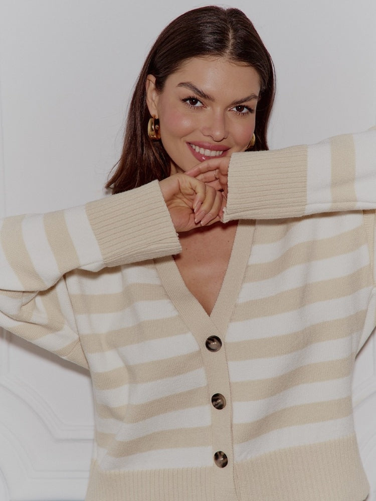 Europe, America,  autumn and winter new striped threaded knitted cardigan women's casual lazy versatile women's sweater