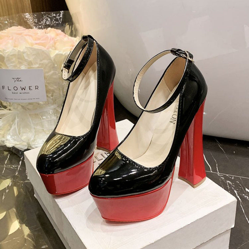 Spring autumnew arrivalk-styleflatswaterproof platform women's shoes thick heel high heels round toe one-piece buckle patent leather princess shoes