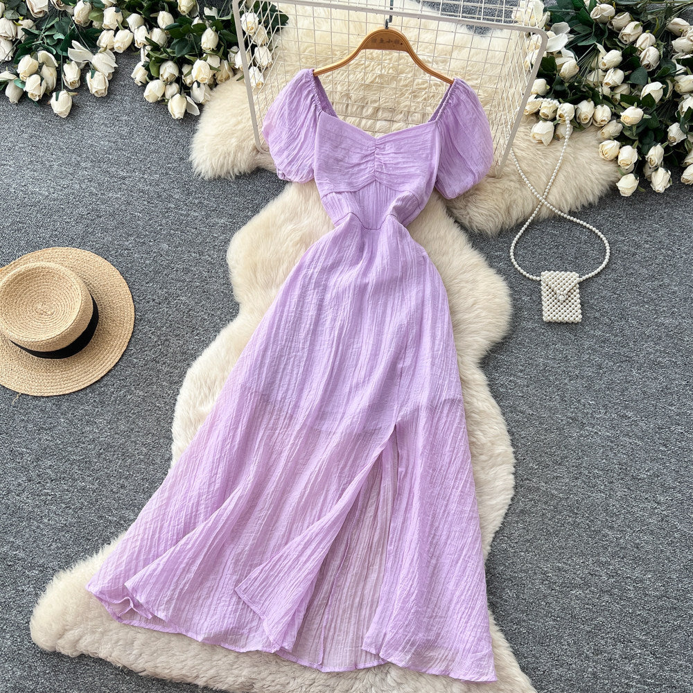 Lady style yellow casual puff sleeve dress women's summer lazy square neck waist slimming look a-line long skirt