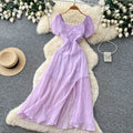 Lady style yellow casual puff sleeve dress women's summer lazy square neck waist slimming look a-line long skirt