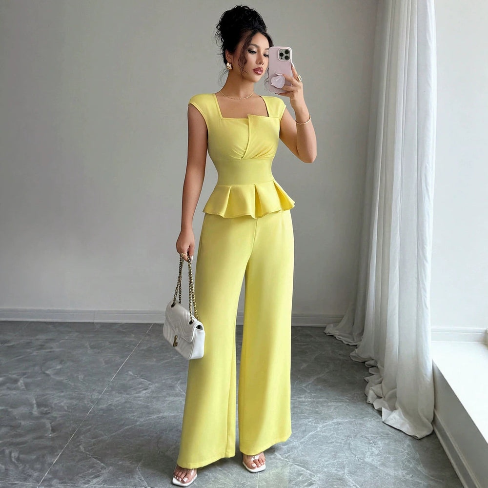 fashion  summer new arrival square neck rufflessuit waist sleeveless tops loose pants two-piece set