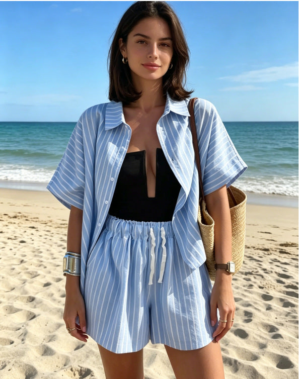 fashionsummer  stripesshirtflap pocket pants shorts loosecasualsuit for women