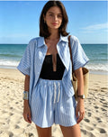 fashionsummer  stripesshirtflap pocket pants shorts loosecasualsuit for women