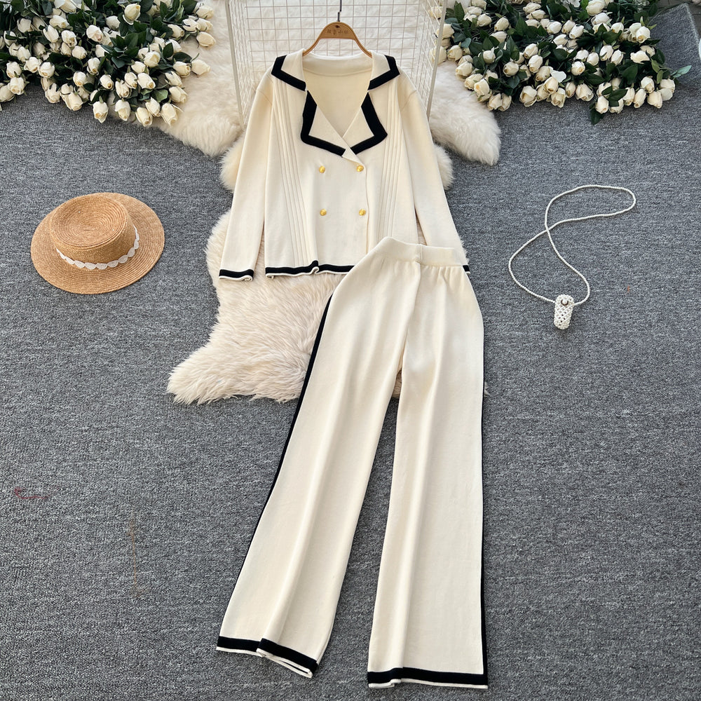 Fall and winter tweed style suit collar double-breasted long sleevesknittingtopshigh waistcontrast colorloose pants sweatertwo-piece set
