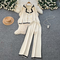 Fall and winter tweed style suit collar double-breasted long sleevesknittingtopshigh waistcontrast colorloose pants sweatertwo-piece set