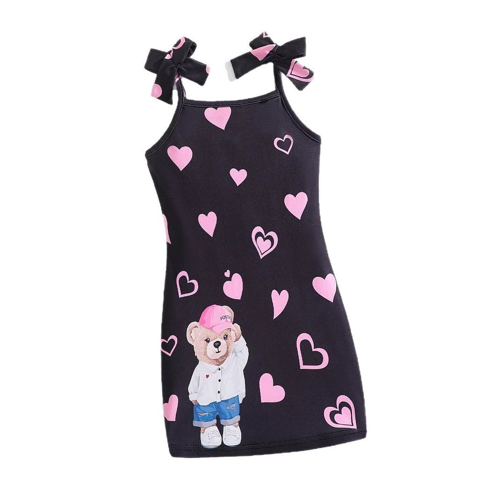Girls' summer sundress with bow shoulder straps, cartoon bear and heart pattern, cute dress for kids and girls