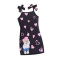 Girls' summer sundress with bow shoulder straps, cartoon bear and heart pattern, cute dress for kids and girls
