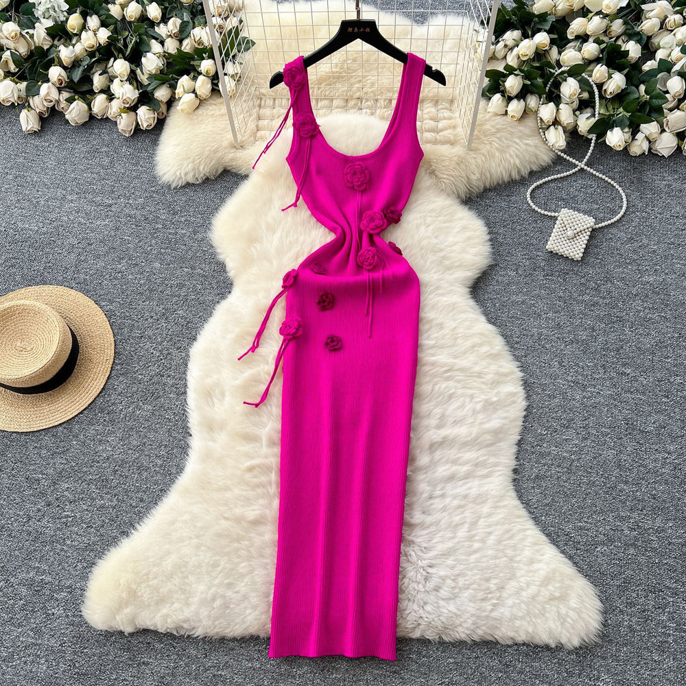 Feminine dress  summer pure desire stereo flower silmslimming lookelegant suspender knitting hip cover dress