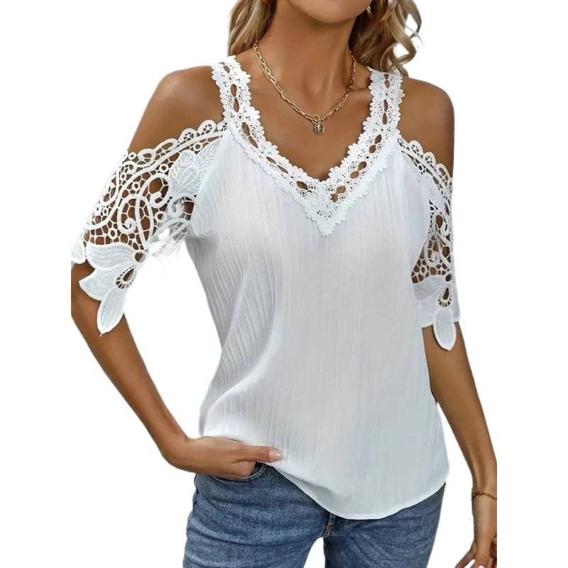 Aliexpress summer new arrivals: european and american style fashion women's loose lace v-neck short sleeve t-shirt for cross-border e-commerce