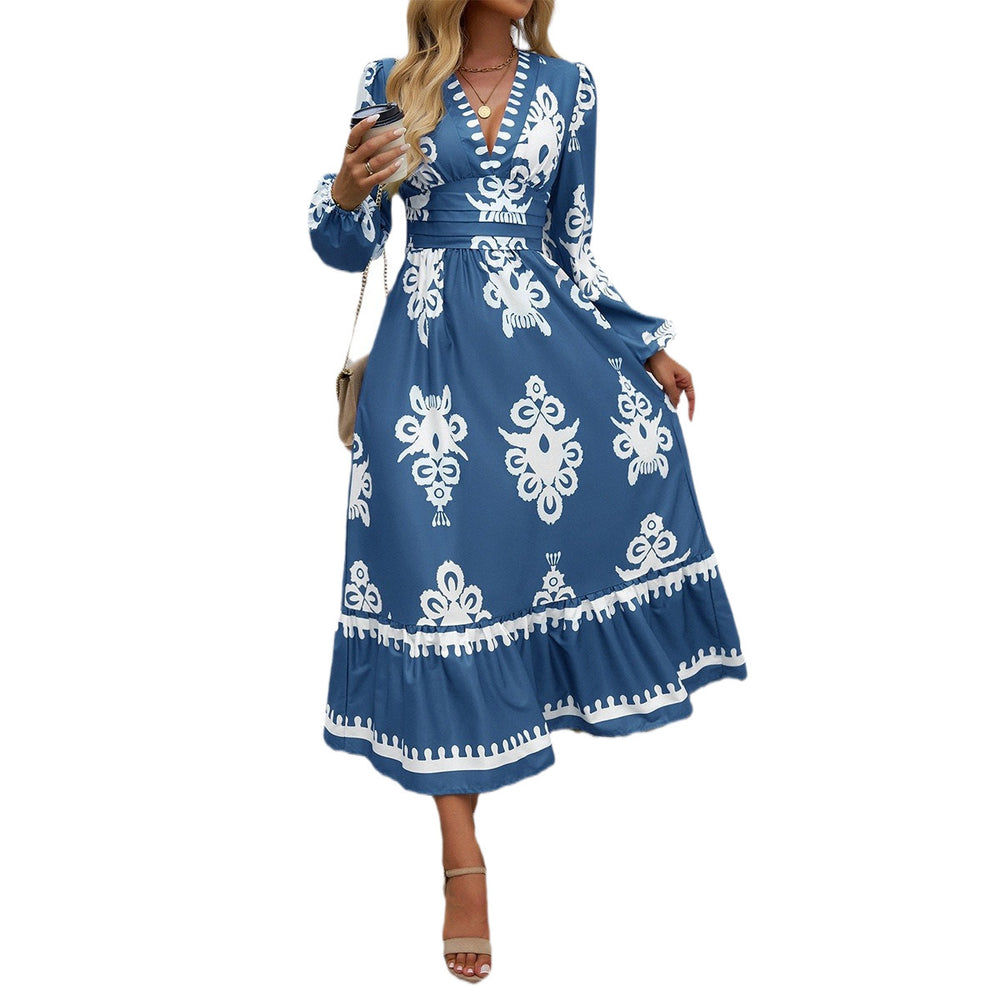 cross-border autumn/winter  fashion women's dress - elegant printed v-neck a-line dress for export to europe and the us