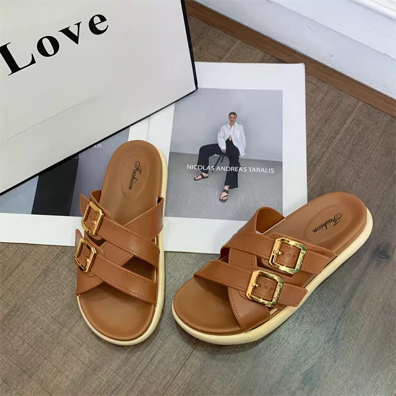 New summer women's platform flip-flops: stylish, versatile, casual beach sandals with double buckle – 2026 collection