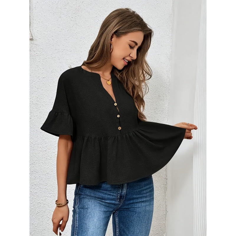 code new arrival  original women's casualpure colorv neckruffles short-sleeved tops