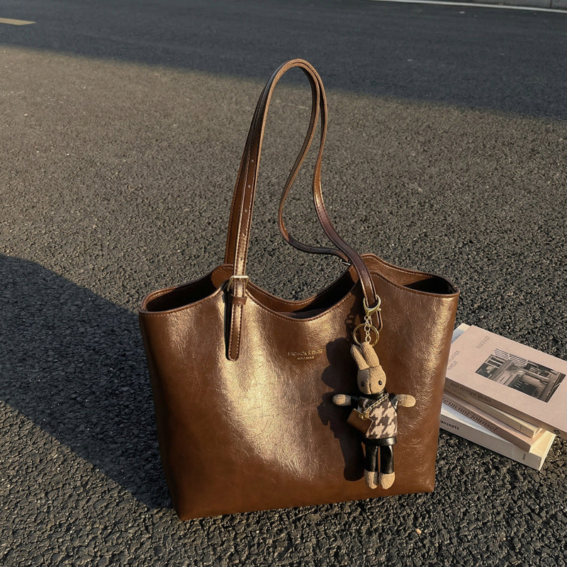 Large capacity retro bag women's high-end texture work clothing women's shoulder bag new arrivalcasualeasiest for matchpure color tote bag
