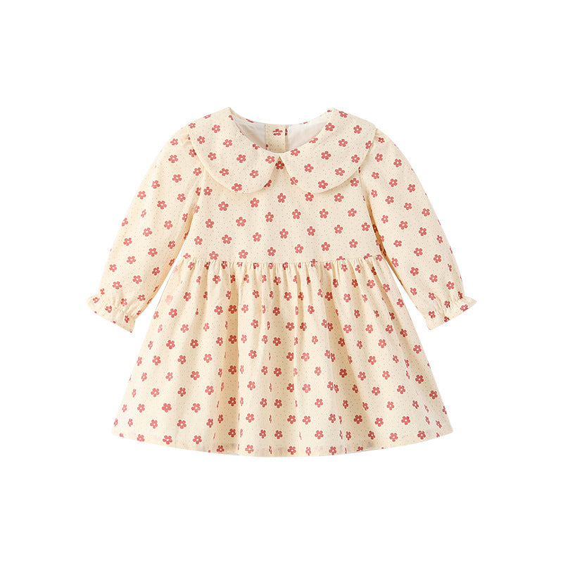 Girls' autumn dress: stylish princess dress for baby girls, fashionable long-sleeved floral print with turn-down collar, new spring and autumn collection
