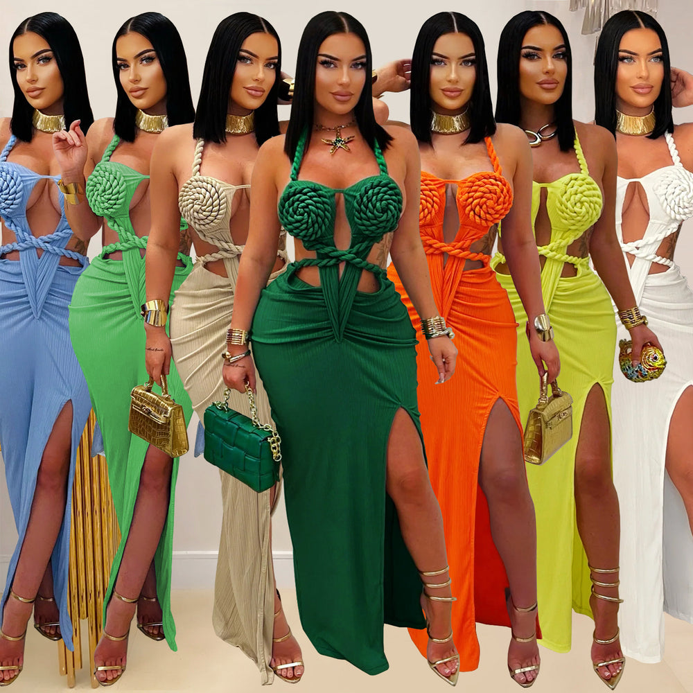 C7407 cross-border   fashion women's sexy knitted halter backless solid color dress