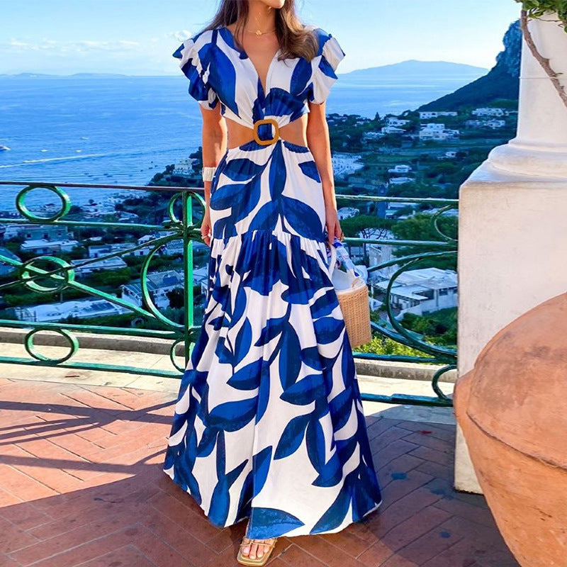 summer new women's clothing  cross-border fashion printed sexy v-neck ruffle sleeve cutout dress