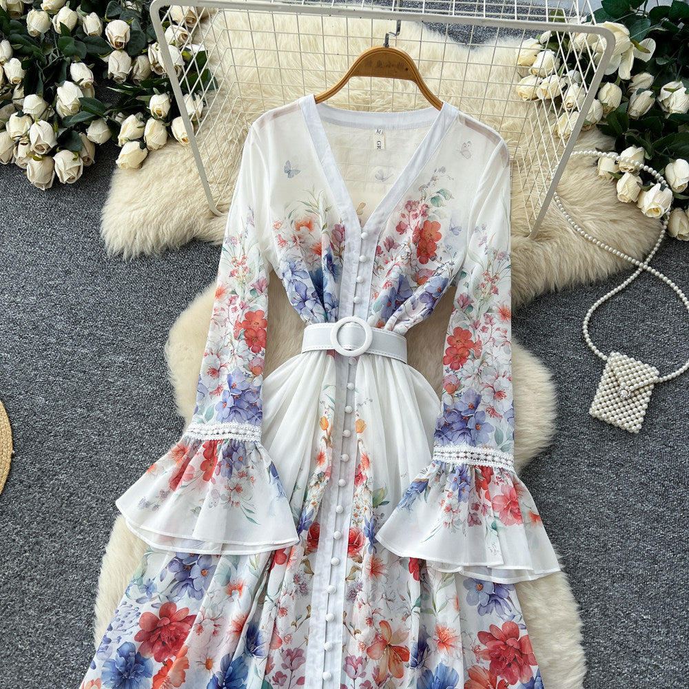 French chic floral v-neck printed dress - women's spring long sleeve a-line midi dress - office-ready elegant maxi dress