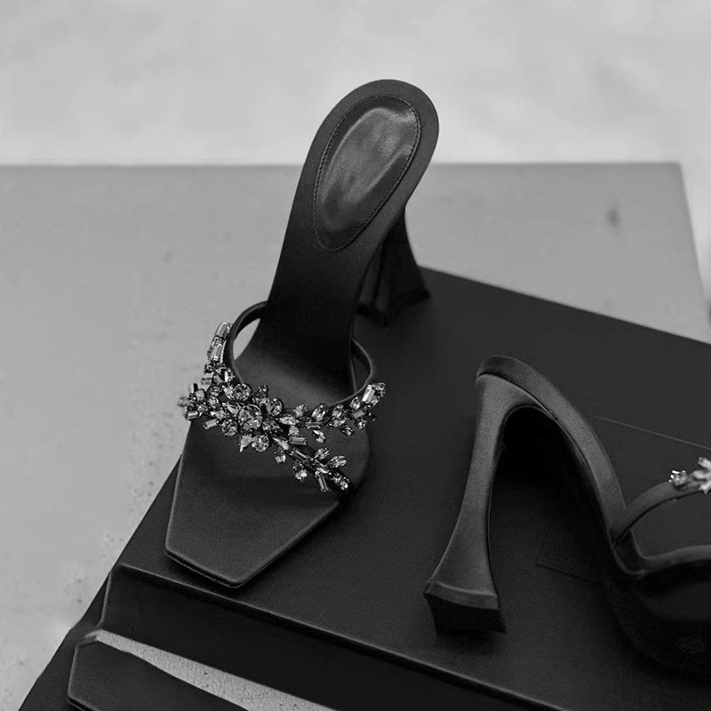 2026 summer european and american style silk satin stiletto heel crossover rhinestone square toe open toe sandals - women's high heel slippers - fashionable and sexy