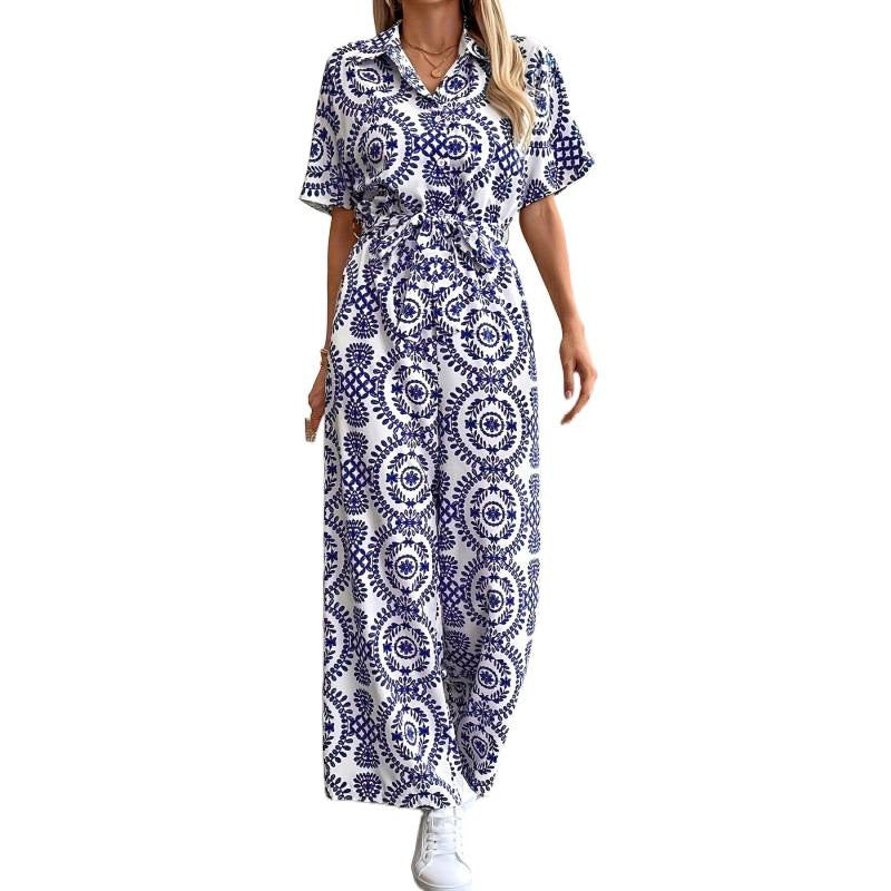 code new arrival  original women's elegance ethnic style lapel printing short-sleeved jumpsuit